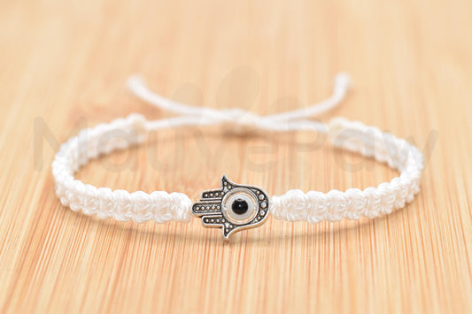 Hamsa Hand white bracelet with an evil eye for protection & good luck braided white string wristband with a silver color hamsa hand