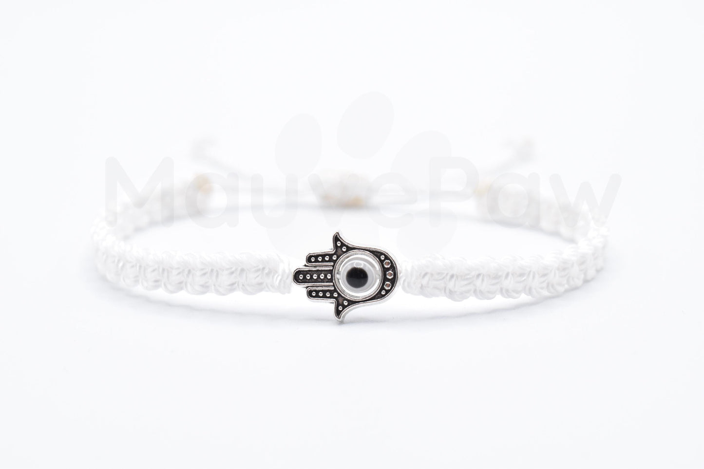 Hamsa Hand white bracelet with an evil eye for protection & good luck braided white string wristband with a silver color hamsa hand