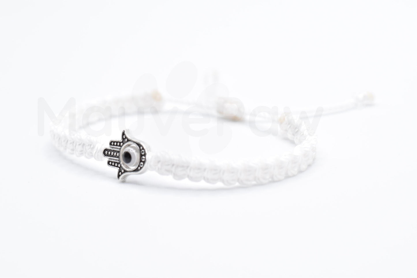 Hamsa Hand white bracelet with an evil eye for protection & good luck braided white string wristband with a silver color hamsa hand