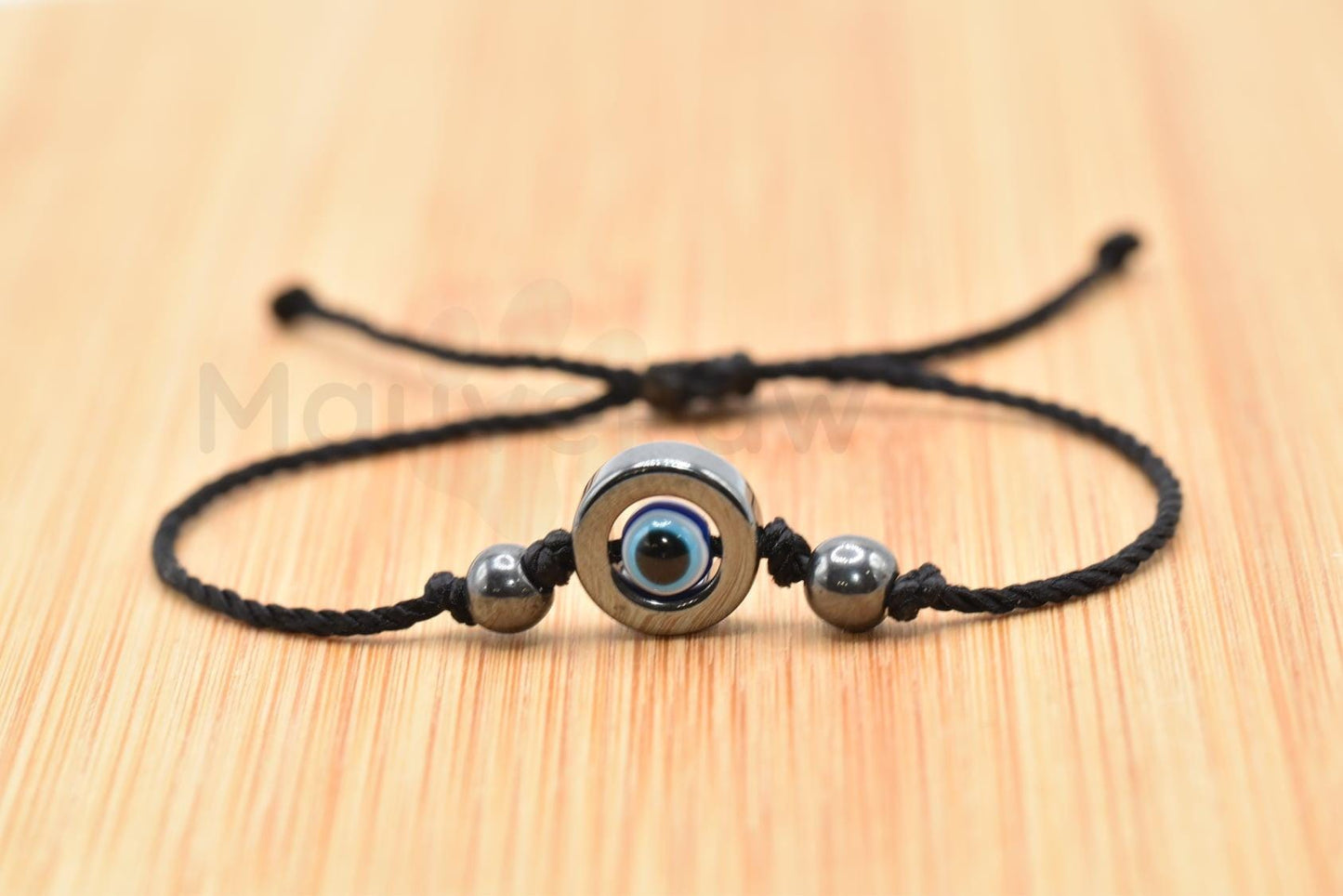 Hematite black string good luck bracelet, evil eye charm, single black string wristband, evil eye protection bracelet, adjustable