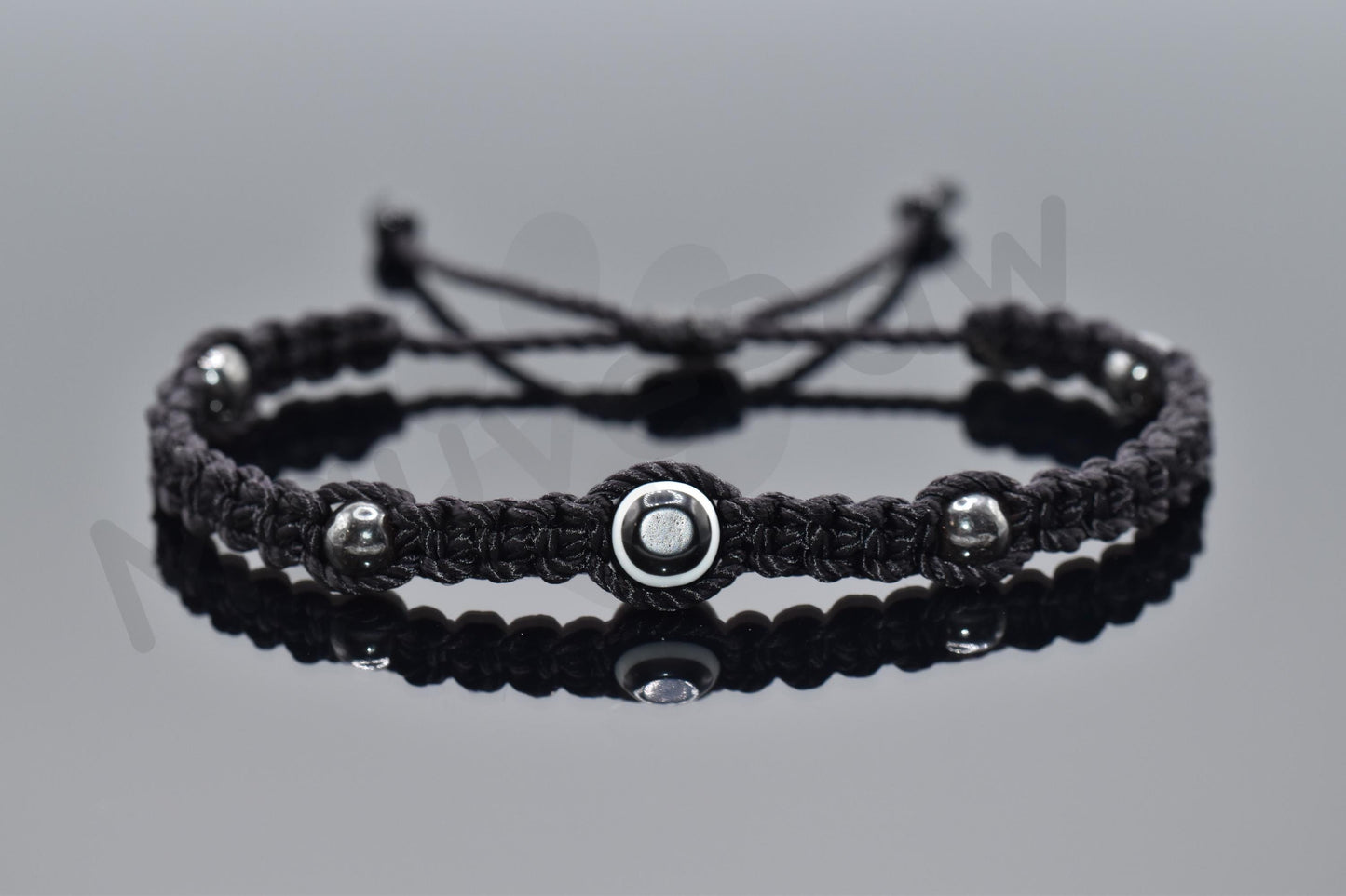 black string and hematite evil eye bracelet evil eye braided black string wristband, evil eye protection  bracelet, adjustable for man/woman