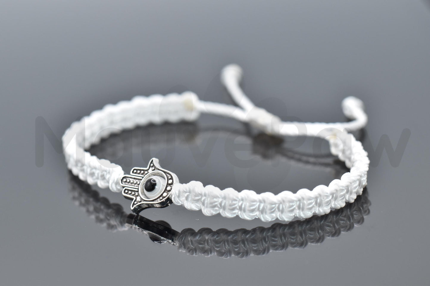 Hamsa Hand white bracelet with an evil eye for protection & good luck braided white string wristband with a silver color hamsa hand