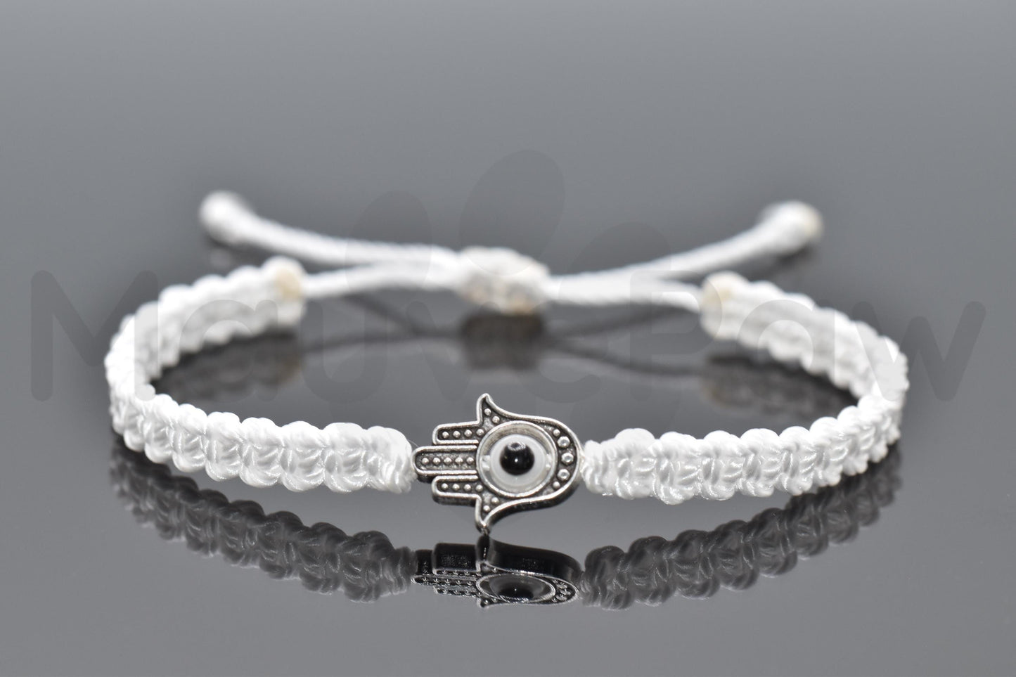 Hamsa Hand white bracelet with an evil eye for protection & good luck braided white string wristband with a silver color hamsa hand