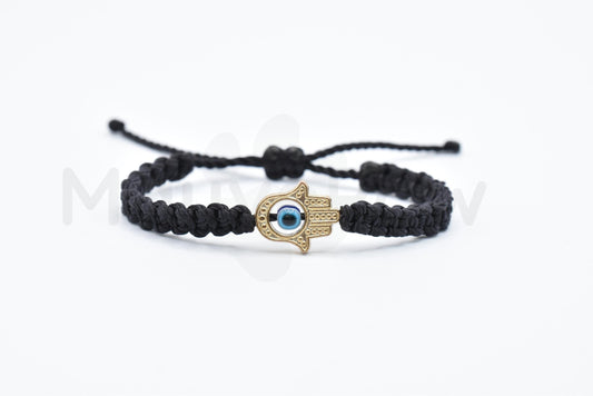 kids size Hamsa hand bracelet with an evil eye for protection & good luck, braided black string wristband with a gold color hamsa hand