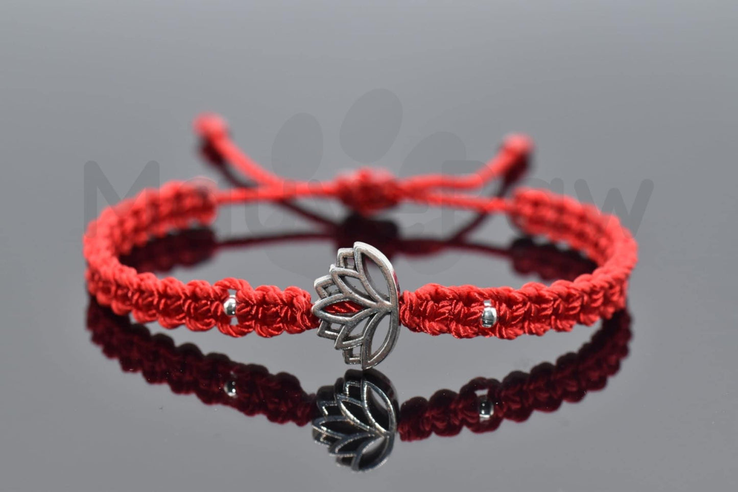 Lotus flower bracelet, red string braided bracelet, silver tone lotus flower charm, braided adjustable bracelet for man & woman