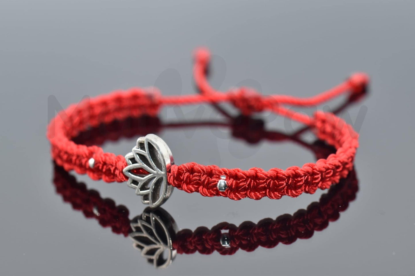 Lotus flower bracelet, red string braided bracelet, silver tone lotus flower charm, braided adjustable bracelet for man & woman