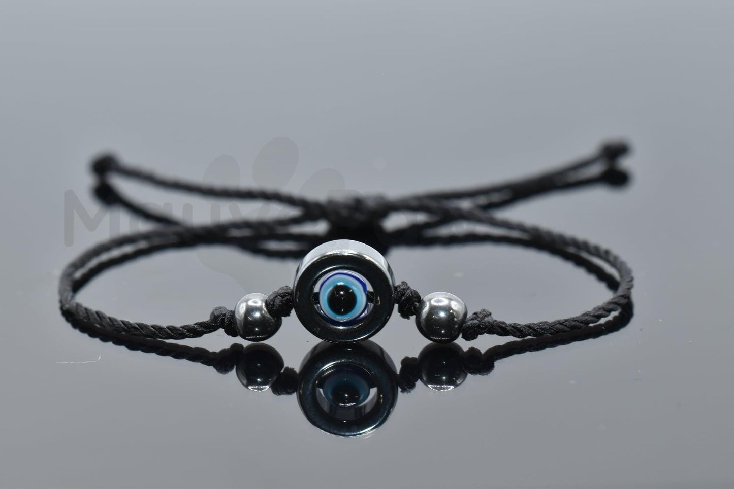 Hematite black string good luck bracelet, evil eye charm, single black string wristband, evil eye protection bracelet, adjustable