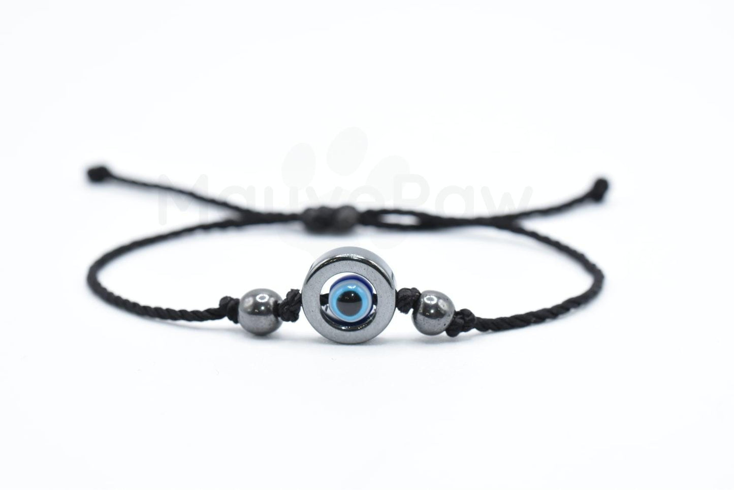 Hematite black string good luck bracelet, evil eye charm, single black string wristband, evil eye protection bracelet, adjustable