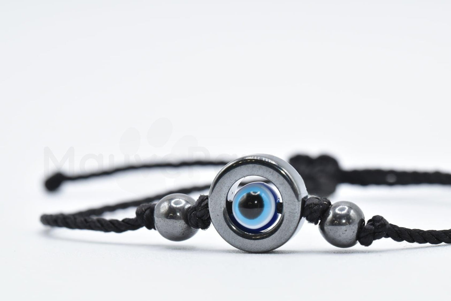 Hematite black string good luck bracelet, evil eye charm, single black string wristband, evil eye protection bracelet, adjustable