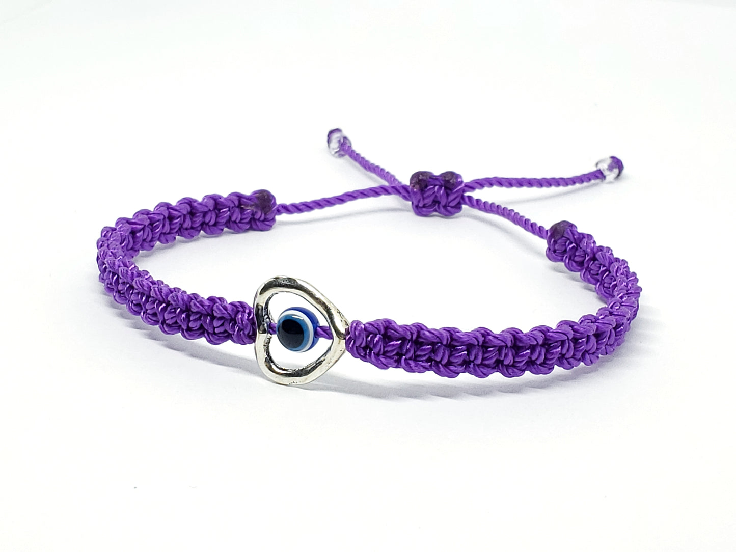 evil eye bracelet with silver tone metal heart, purple -shc