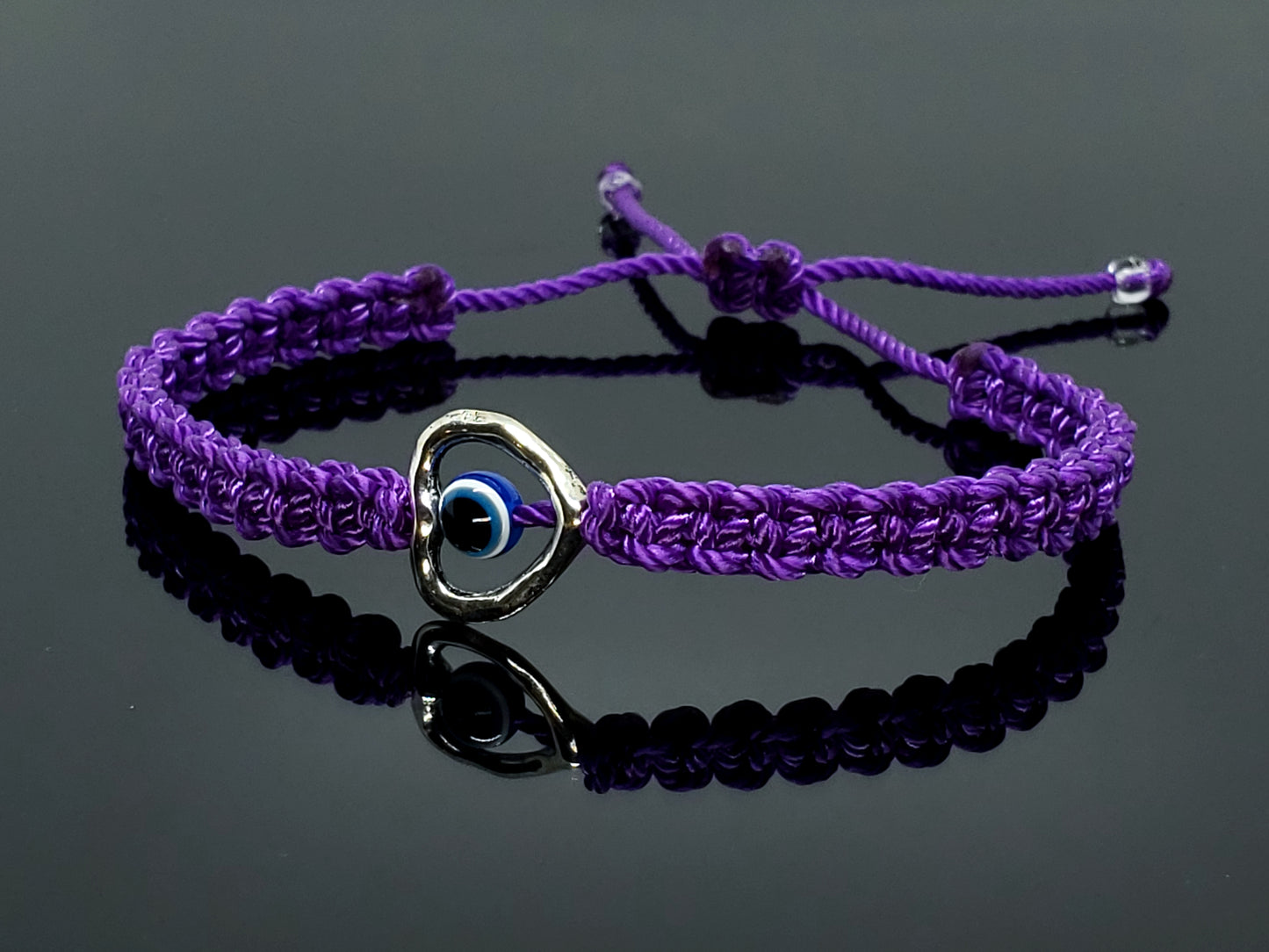 evil eye bracelet with silver tone metal heart, purple -shc