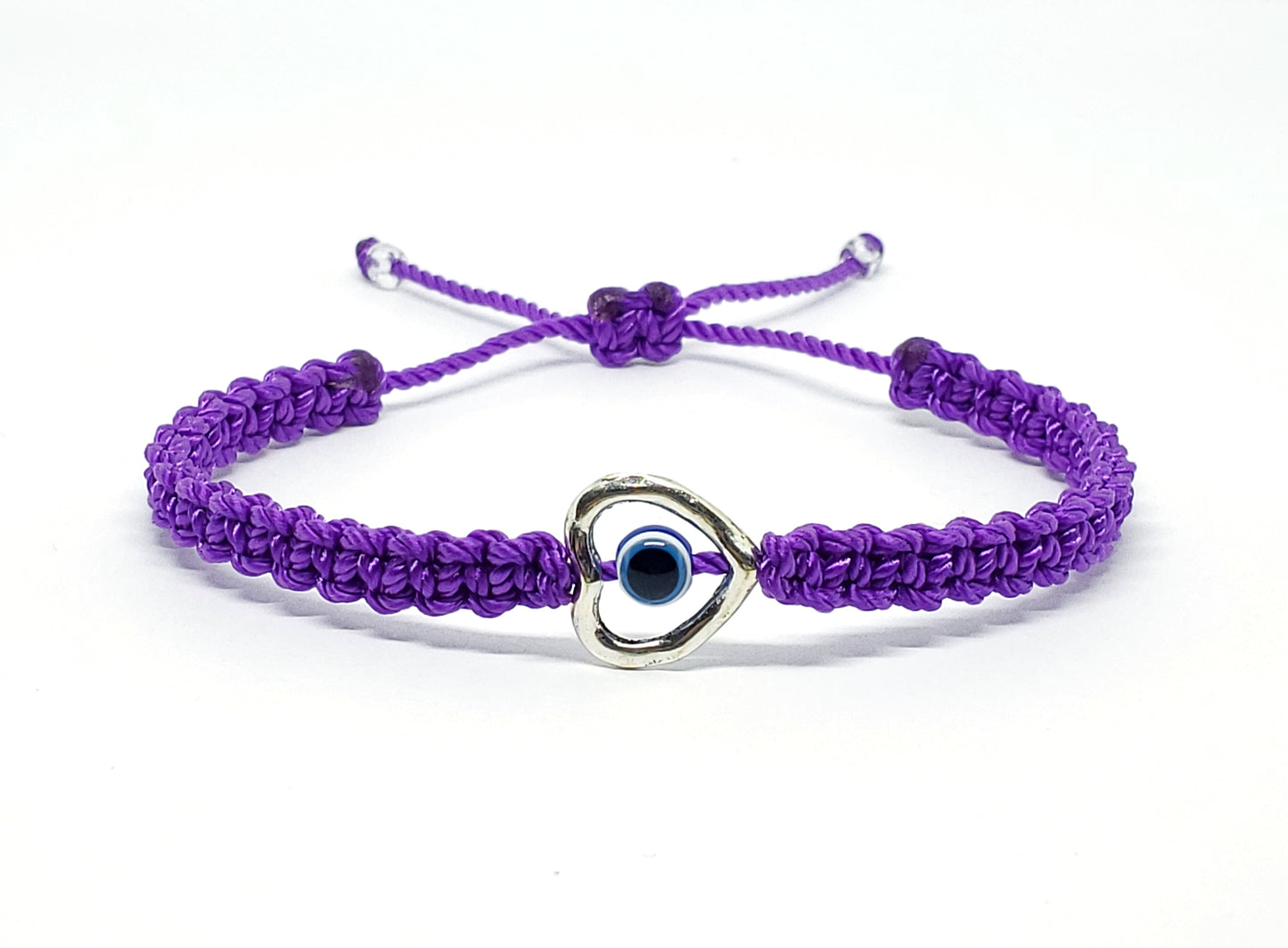 evil eye bracelet with silver tone metal heart, purple -shc