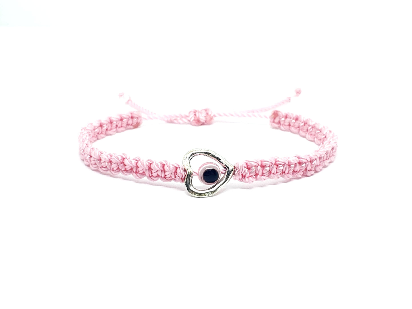 evil eye bracelet with silver tone metal heart, pink -shc