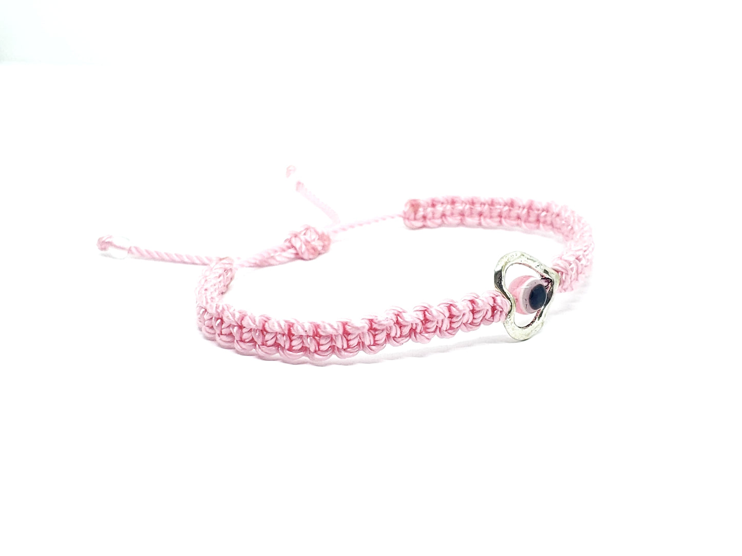 evil eye bracelet with silver tone metal heart, pink -shc