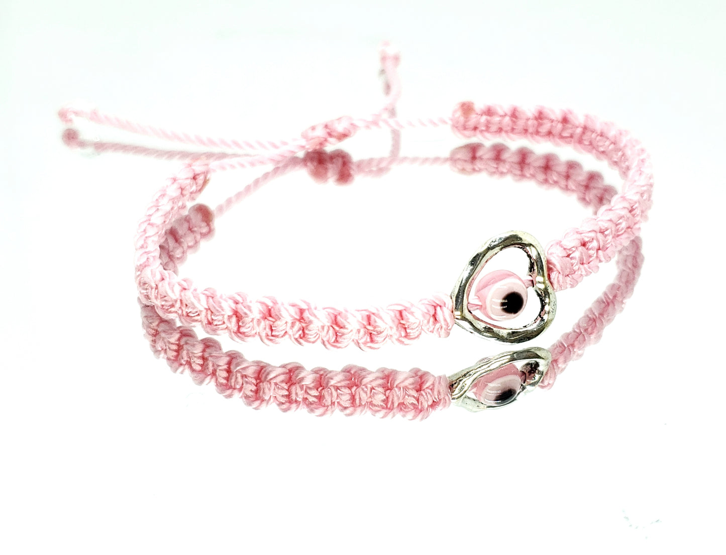 evil eye bracelet with silver tone metal heart, pink -shc