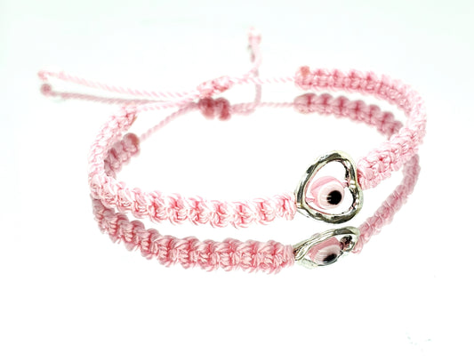 evil eye bracelet with silver tone metal heart, pink -shc