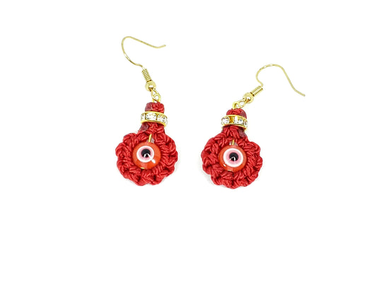 evil eye earrings, red string, goldtone