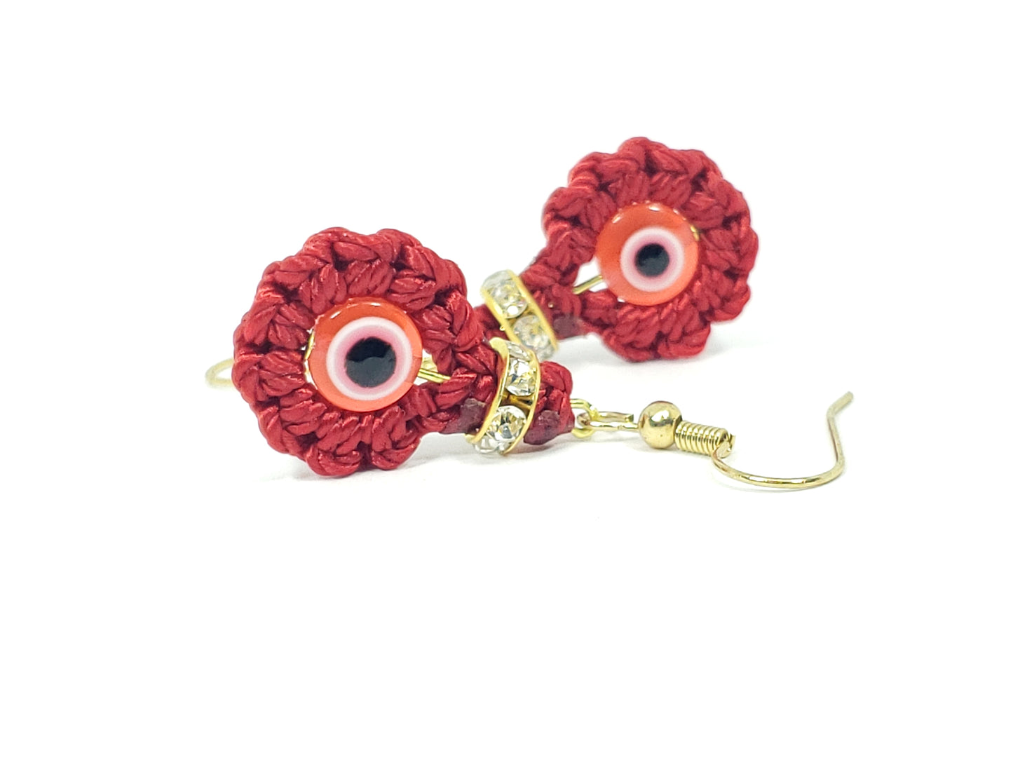 evil eye earrings, red string, goldtone