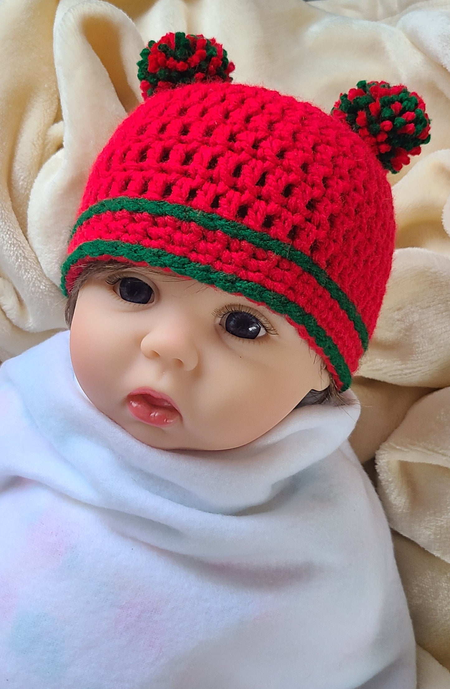 Christmas Baby Beanie with Two Pompoms