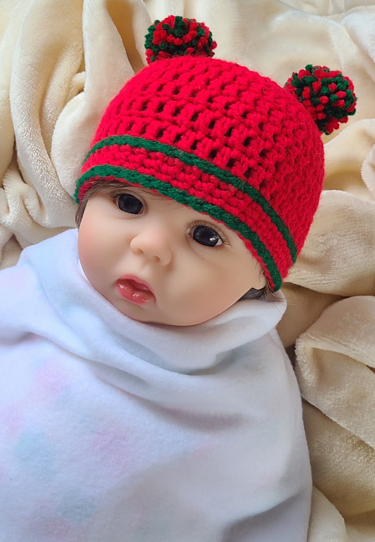 Christmas Baby Beanie with Two Pompoms